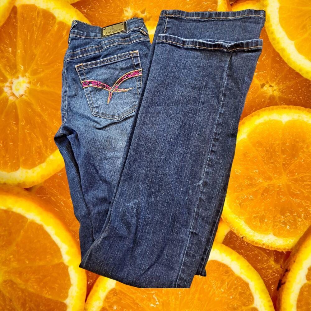 Baby‎ Phat Blue Slightly Distressed Jeans with Pink Stones on the Pockets Size 5